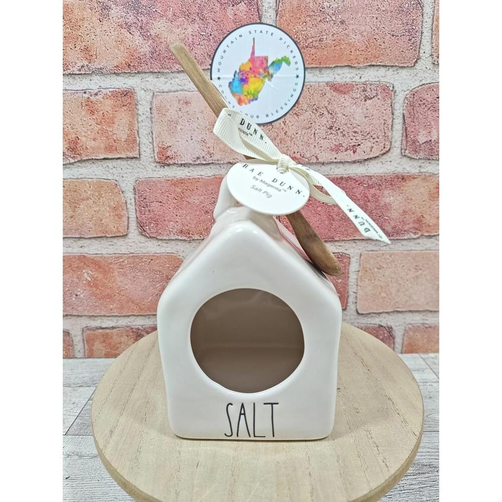 Rae Dunn Birdhouse Salt Pig Cellar Ceramic Farmhouse Style Wooden Spoon NWT